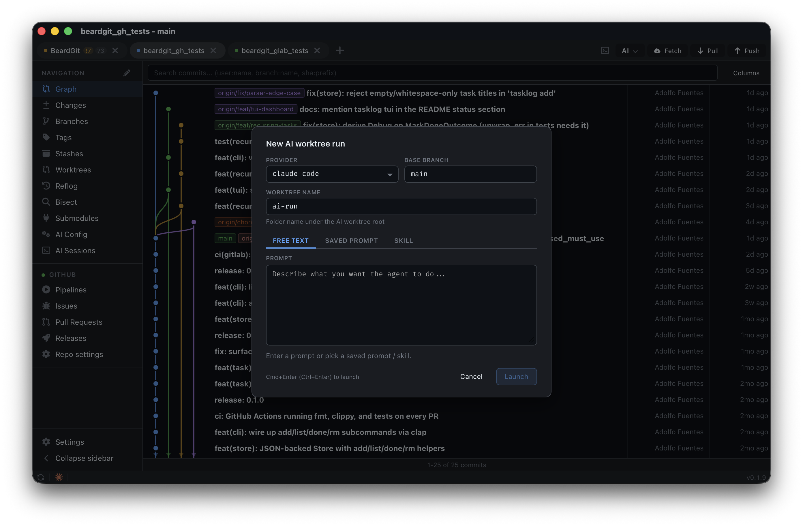 AI background run transcript inside a worktree, with provider and prompt selection