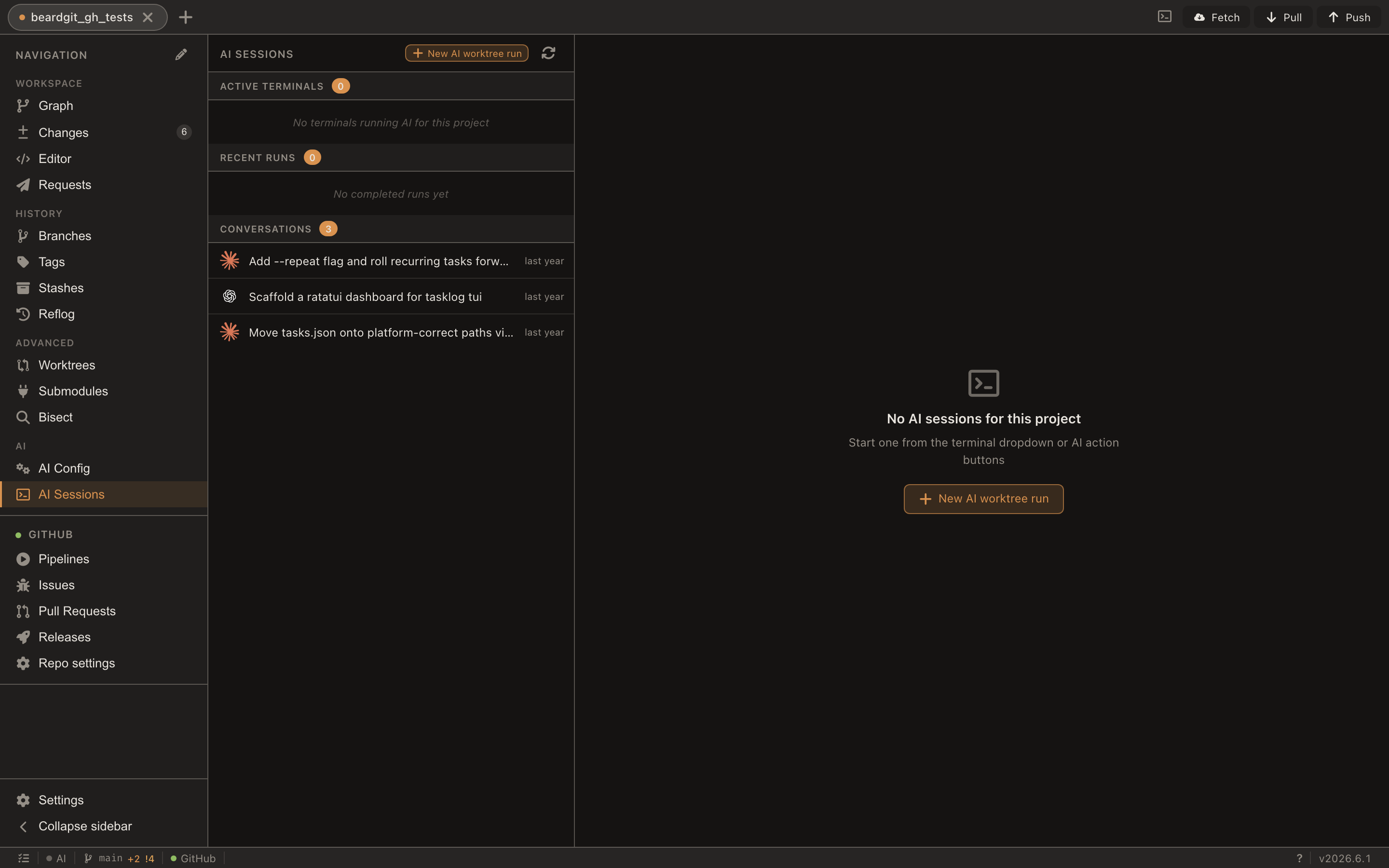 AI session transcripts from Claude Code and Codex, scoped to the repo