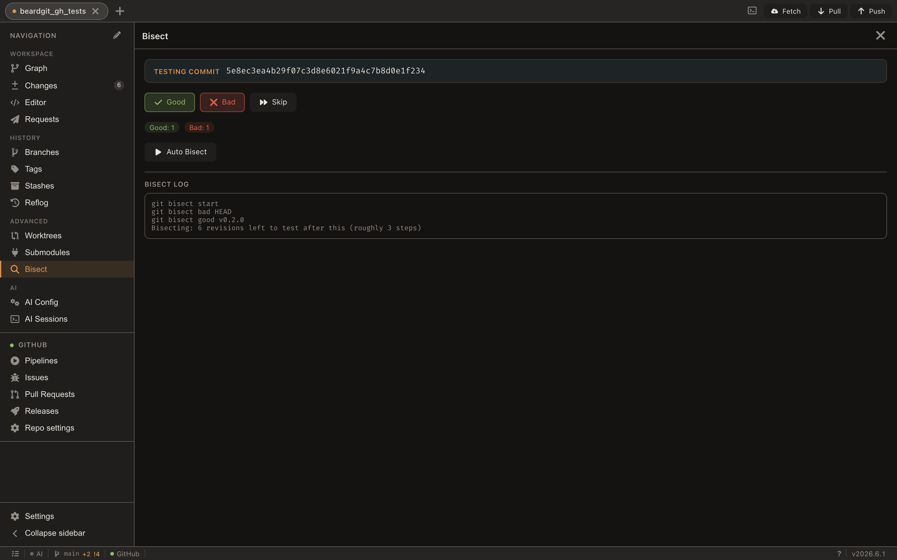 Visual bisect mid-session — good/bad/skip controls, counters and the bisect log