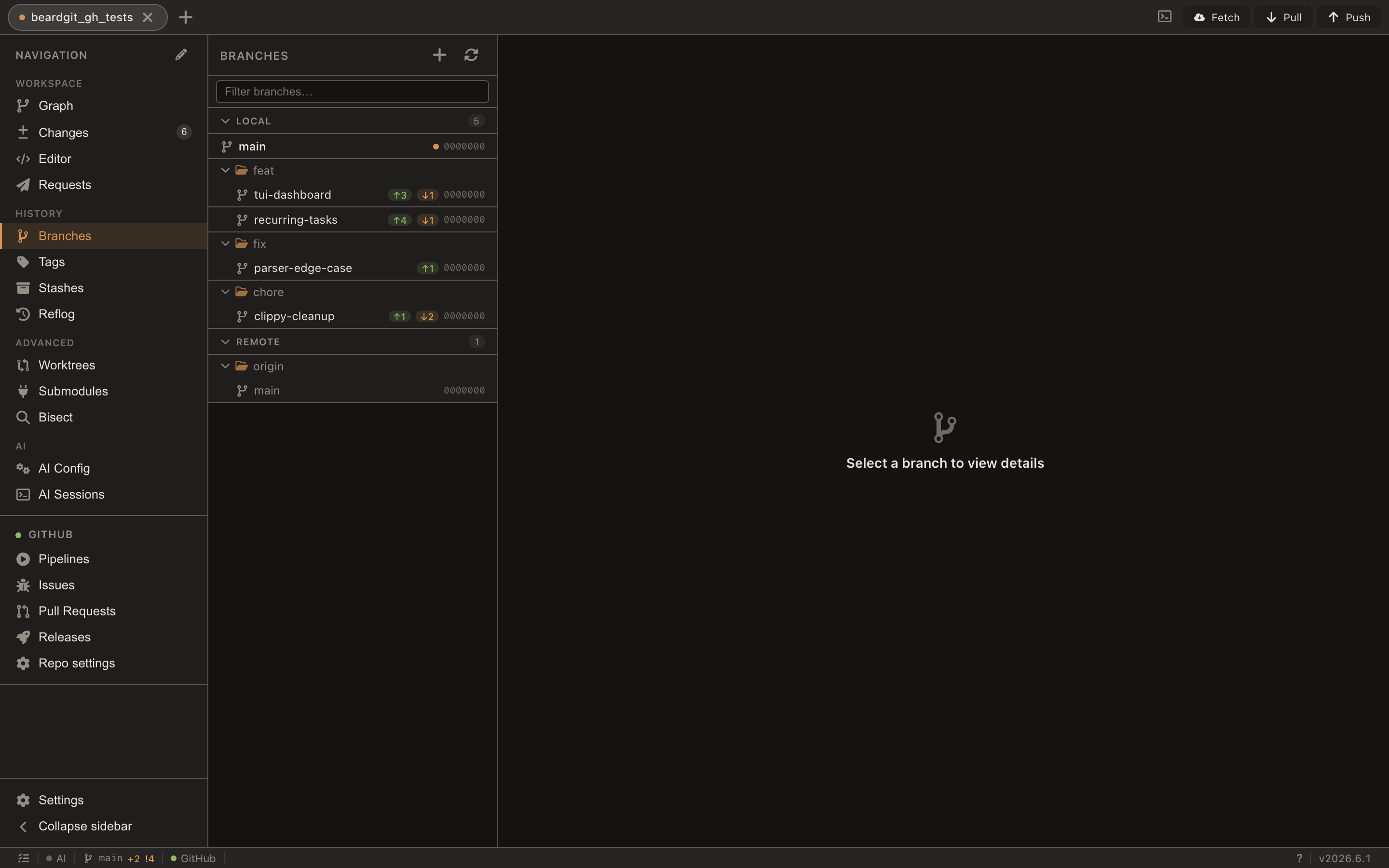 Branch list with upstream tracking and ahead/behind counts