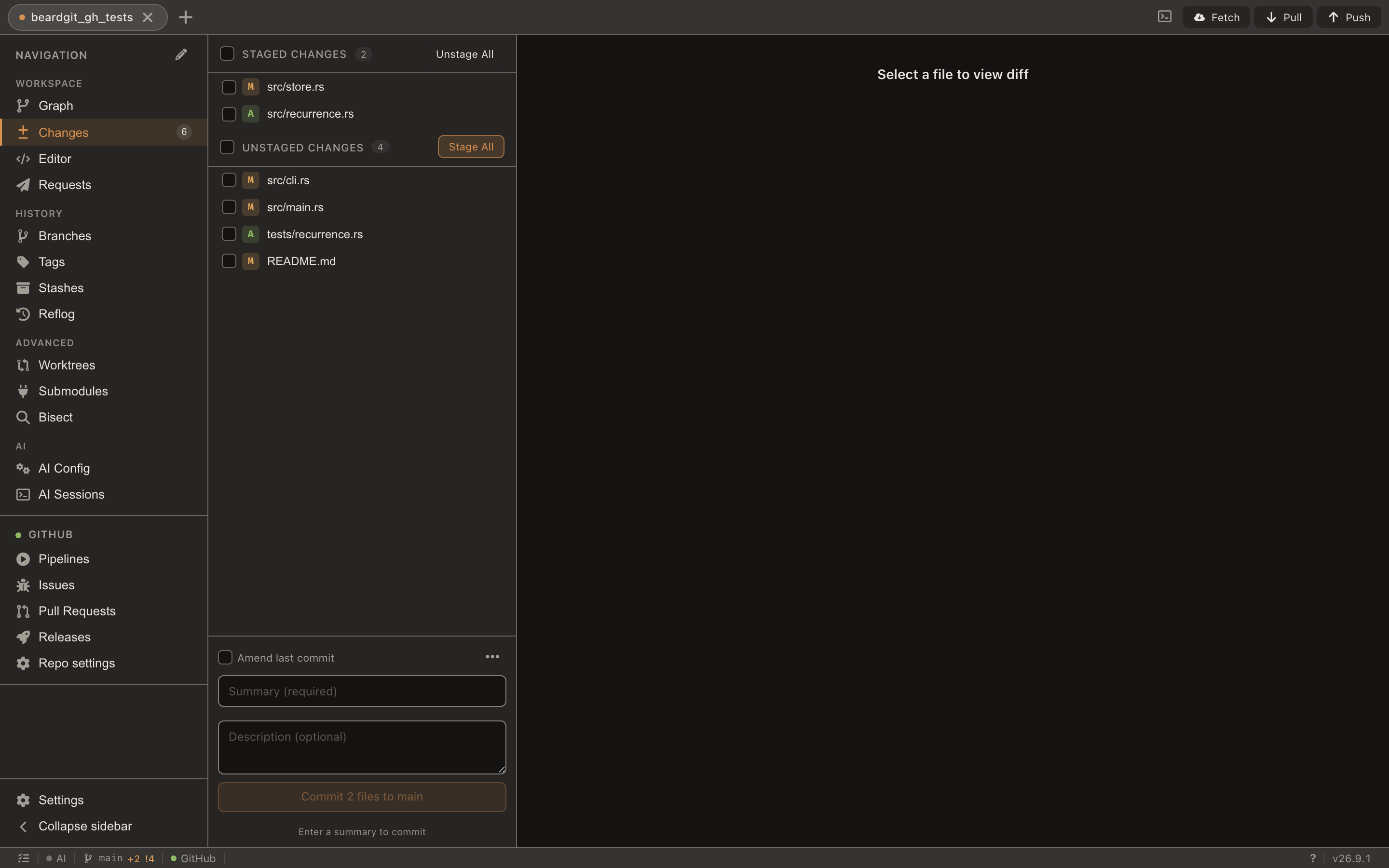 The changes view with hunks, per-line staging and a side-by-side diff