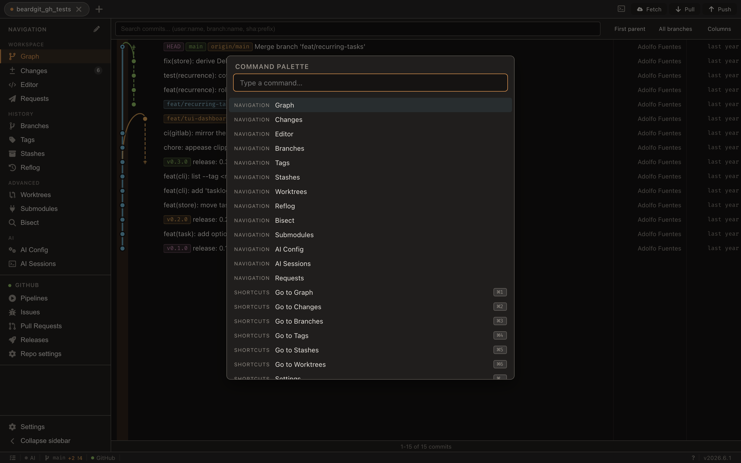 Command palette overlay — fuzzy-matched navigation views and keyboard shortcuts, opened with Cmd-Shift-P