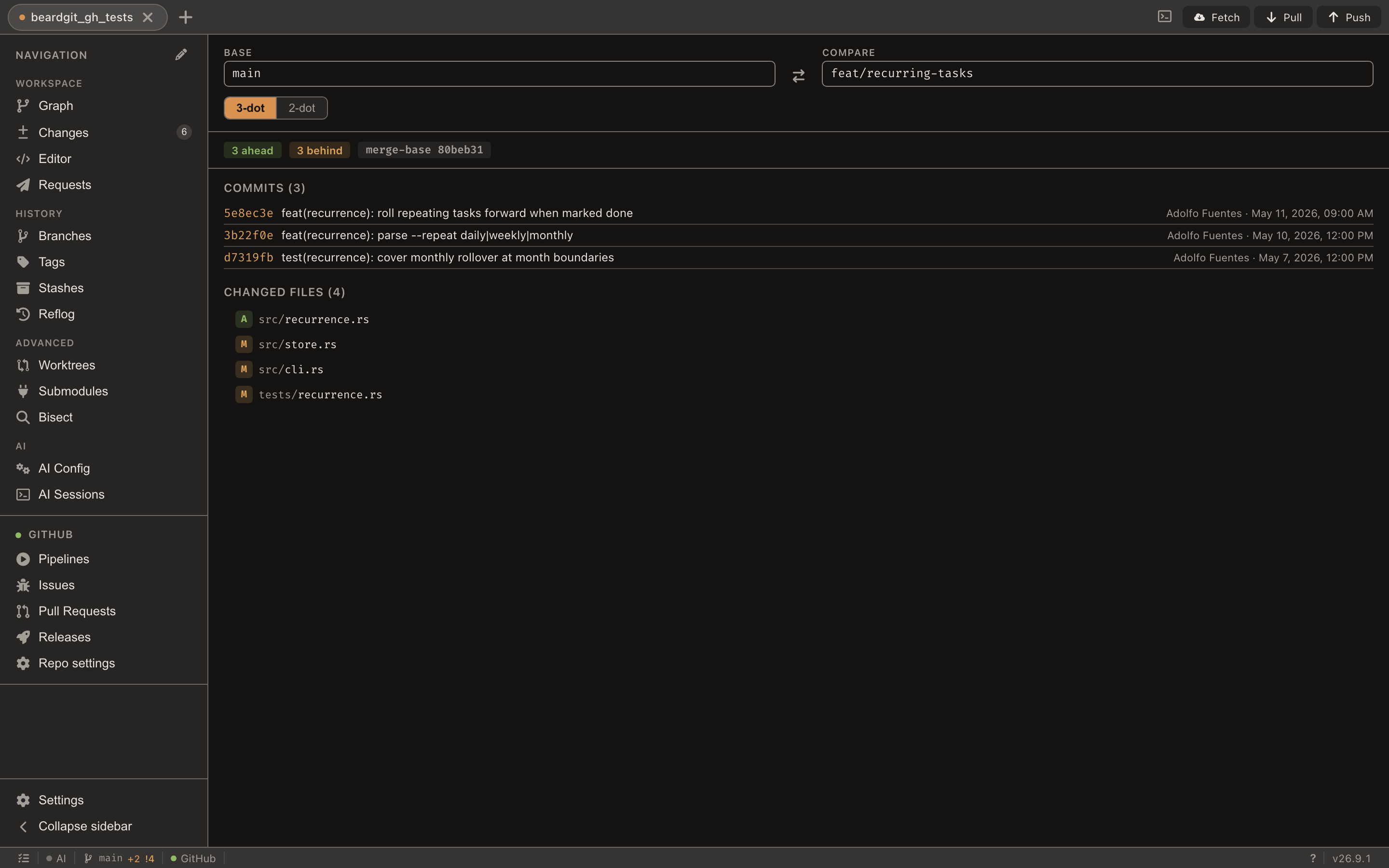 The compare view with two refs picked, the commits one adds, and the changed files