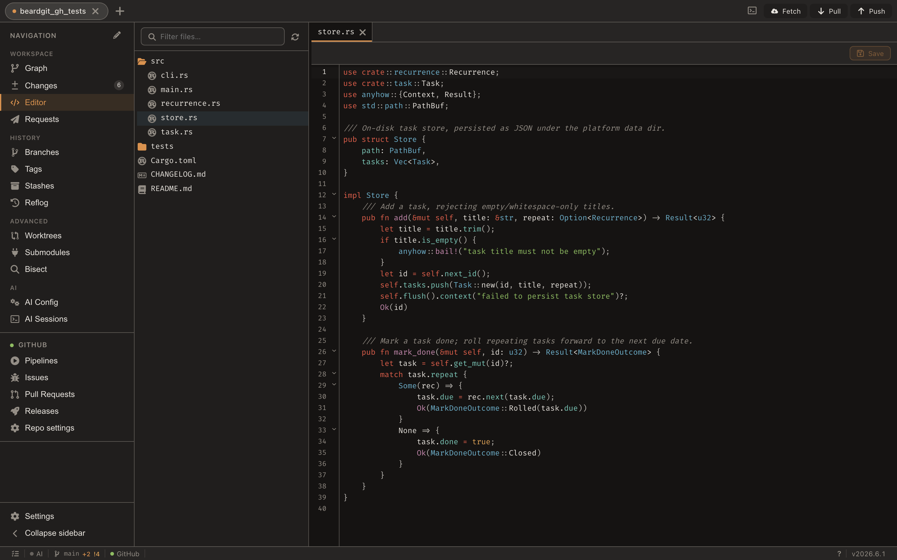 In-app code editor — gitignore-aware file tree and a tabbed CodeMirror buffer with theme-matched Rust syntax highlighting