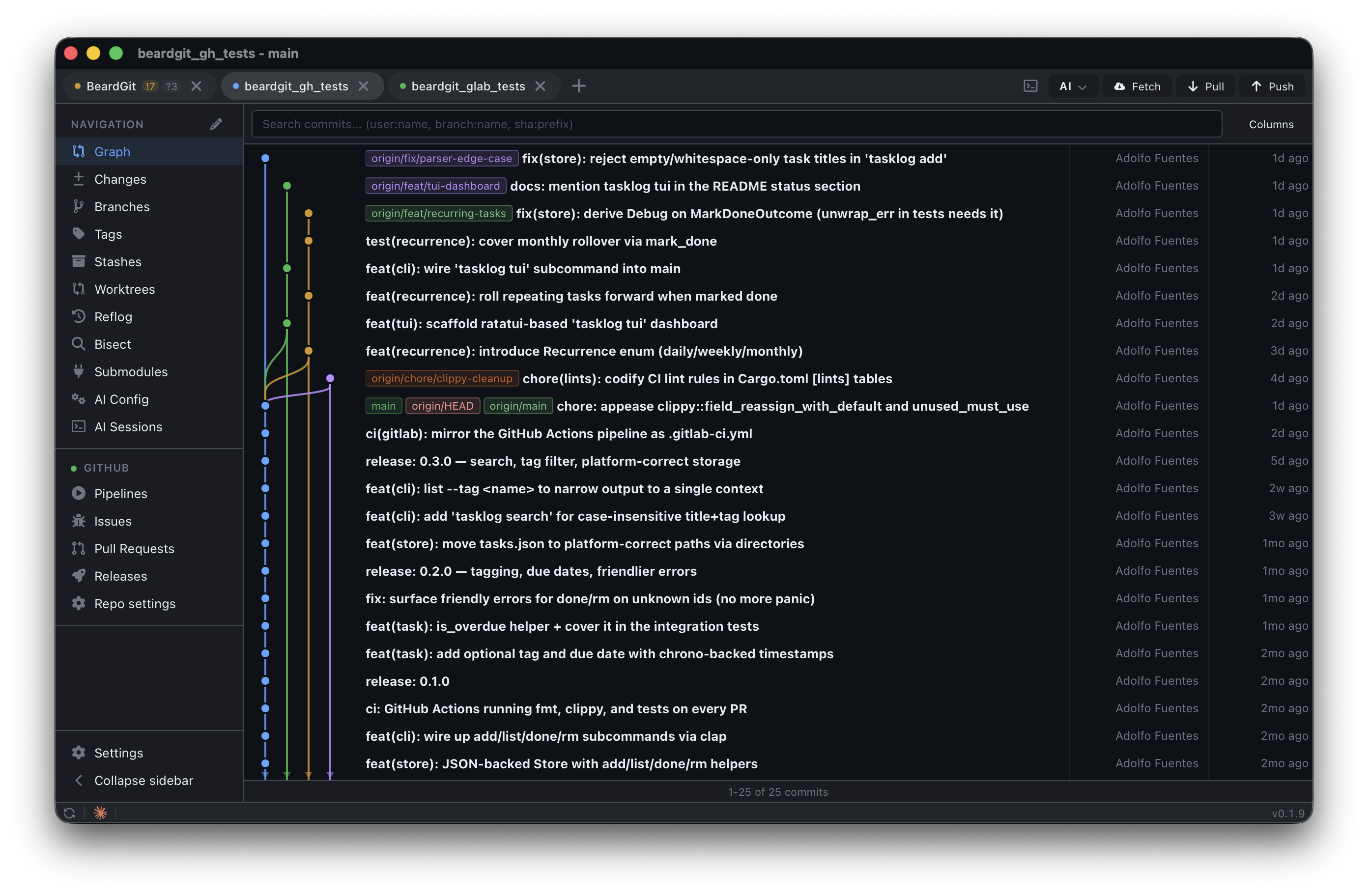 Canvas commit graph showing branch lanes, merge curves, and author highlighting