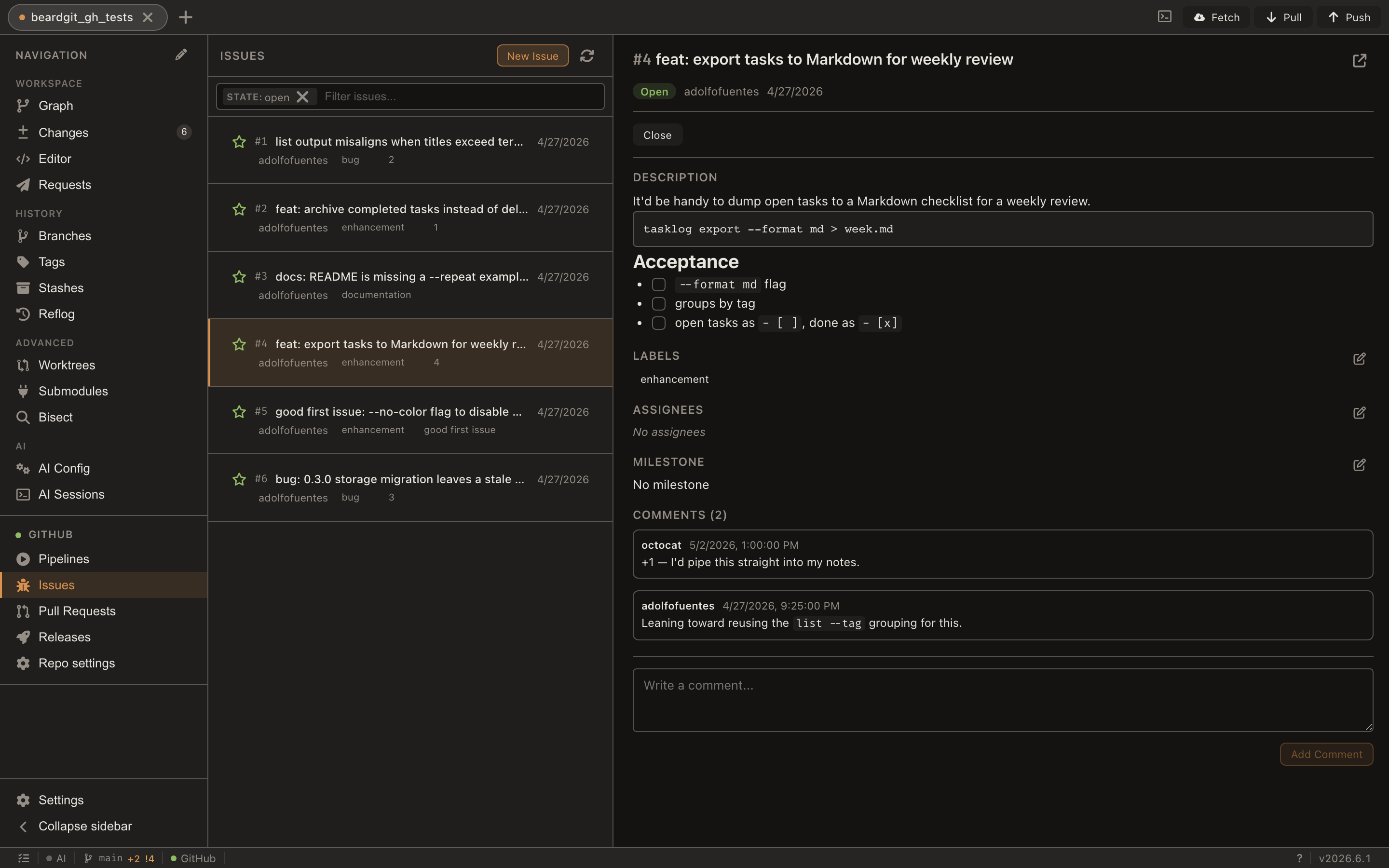 Issue list with labels and state, plus the selected issue body and comment thread