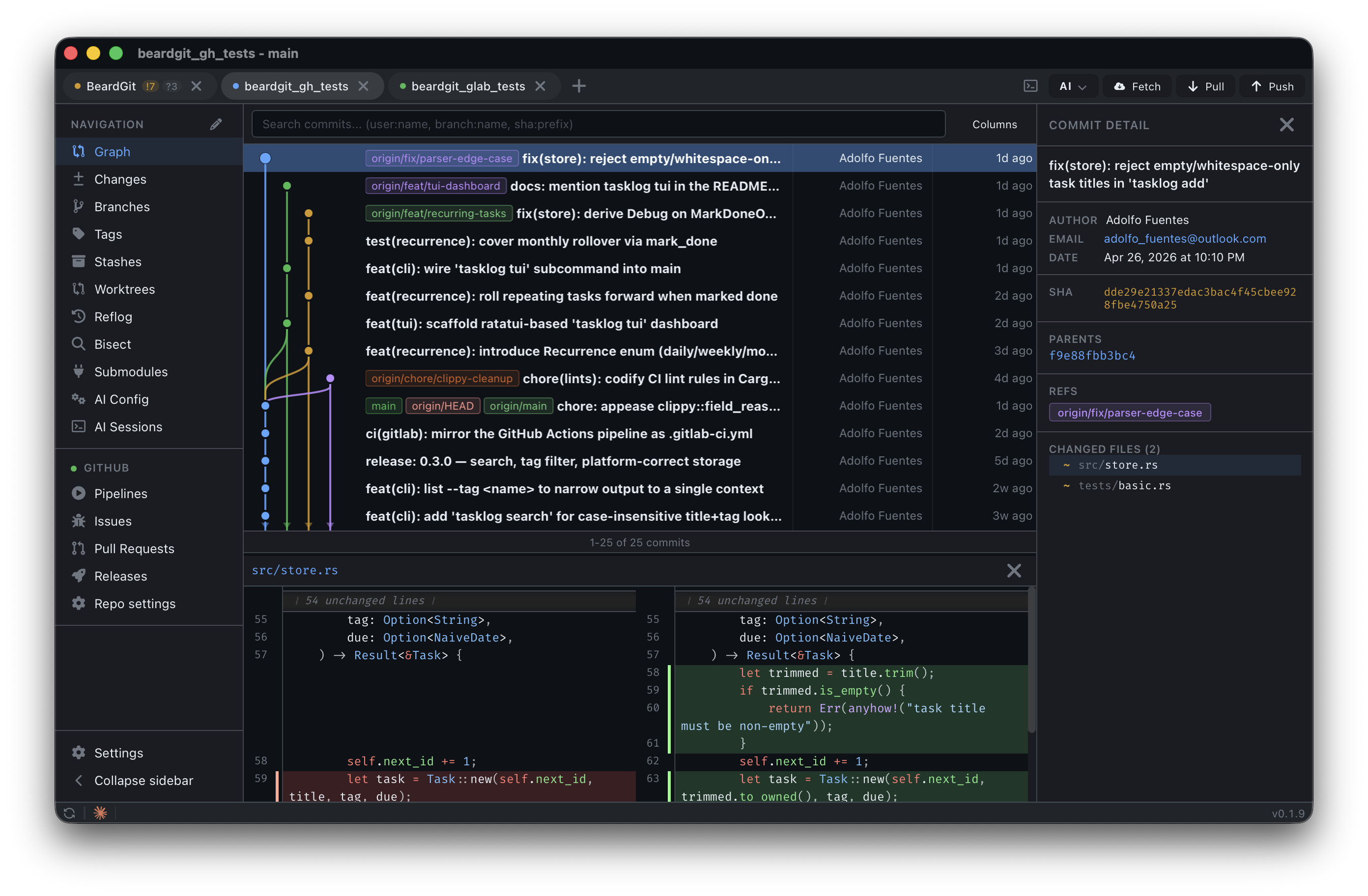 BeardGit main window — commit graph, branches, and diff in a single tab