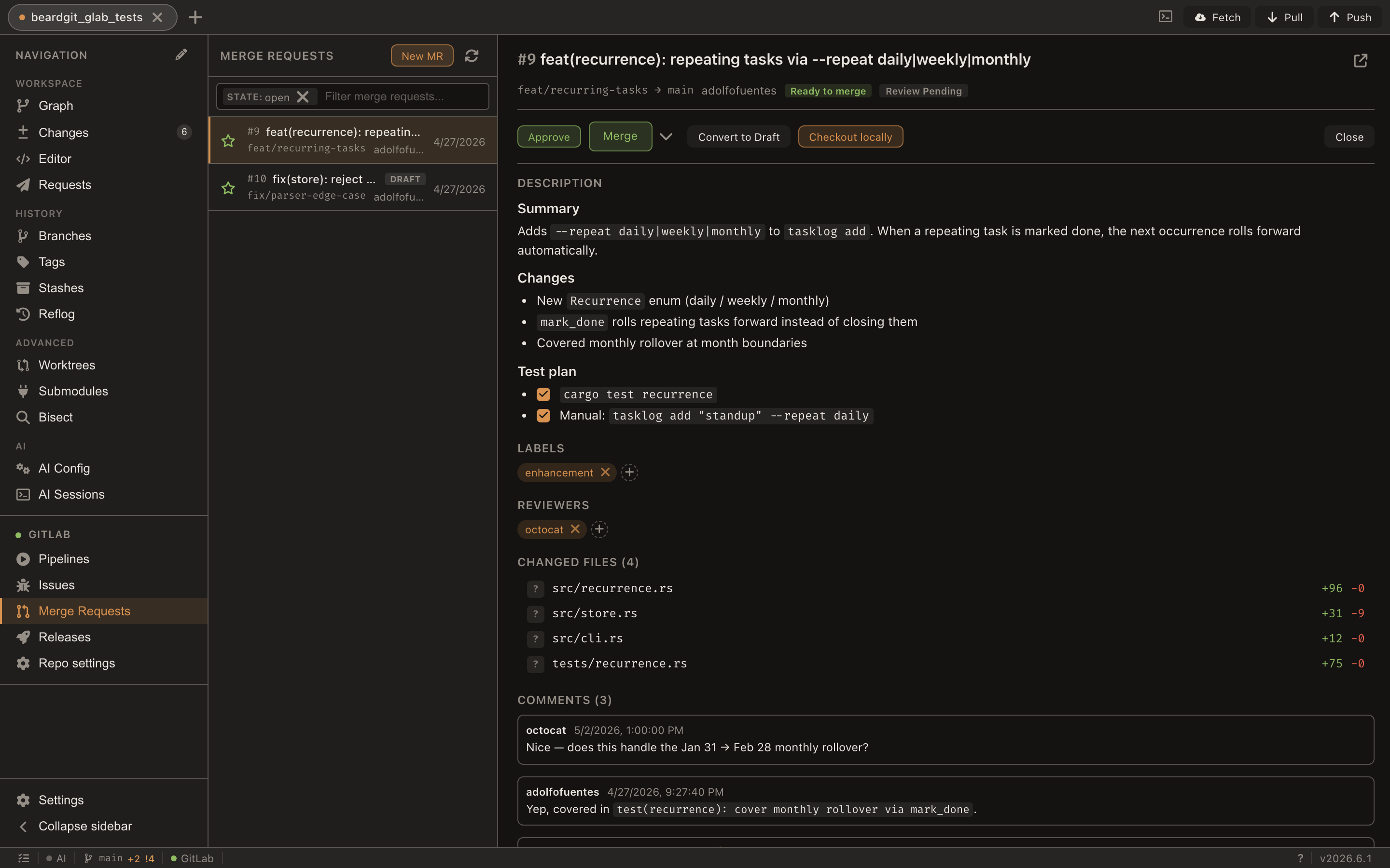 The same merge-request workflow on GitLab — detail, files and review thread