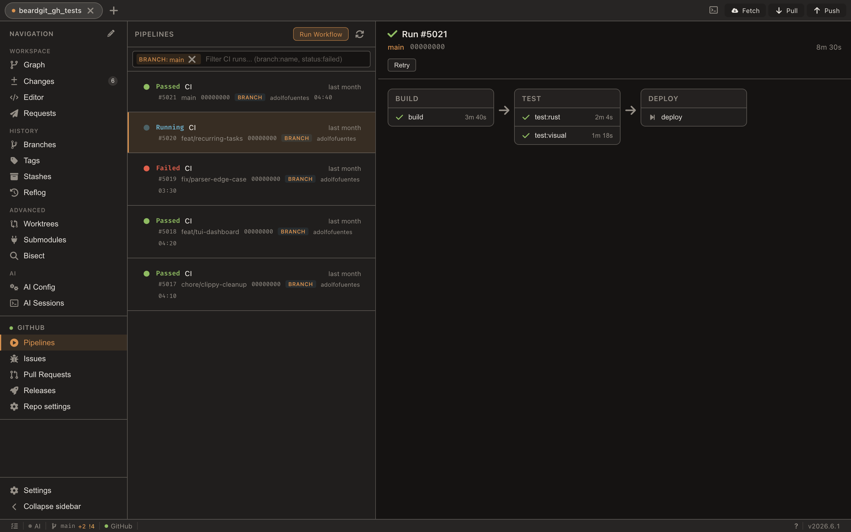 CI pipelines list with per-run status badges, plus the stages and jobs of the selected run