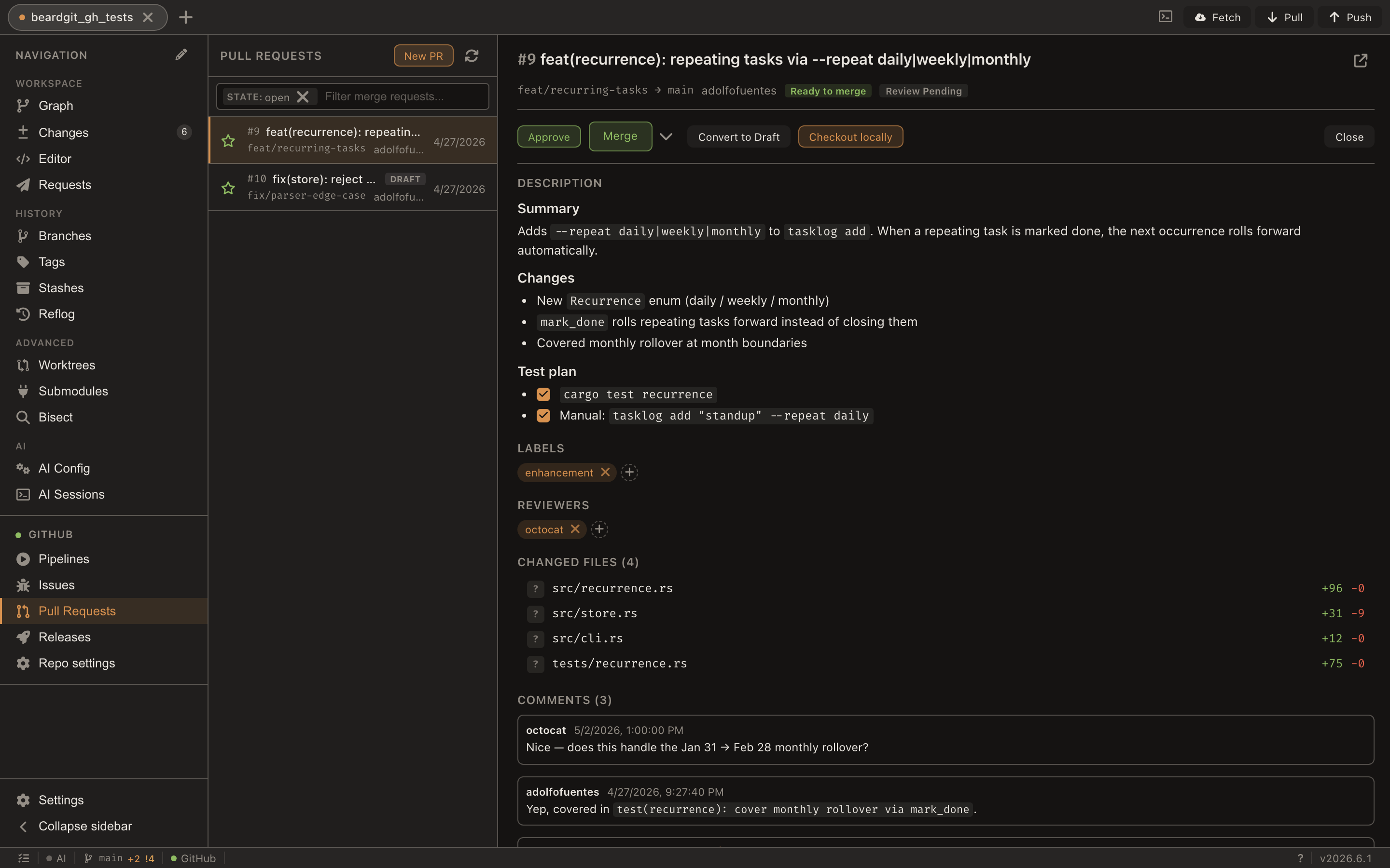 Pull request detail — rendered description, labels, reviewers, changed files and an inline review thread