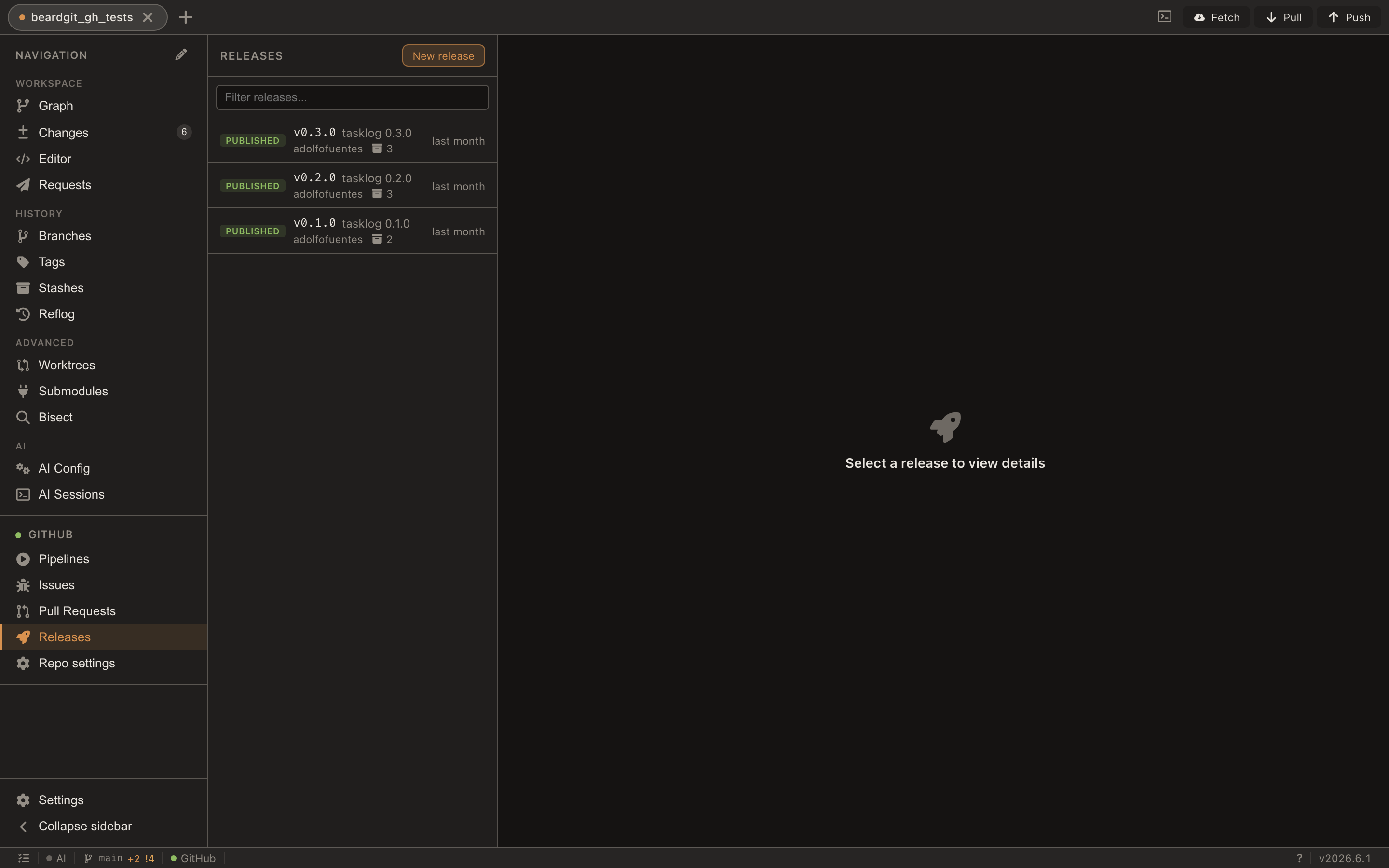 Releases list with semver tags, publish dates and asset counts
