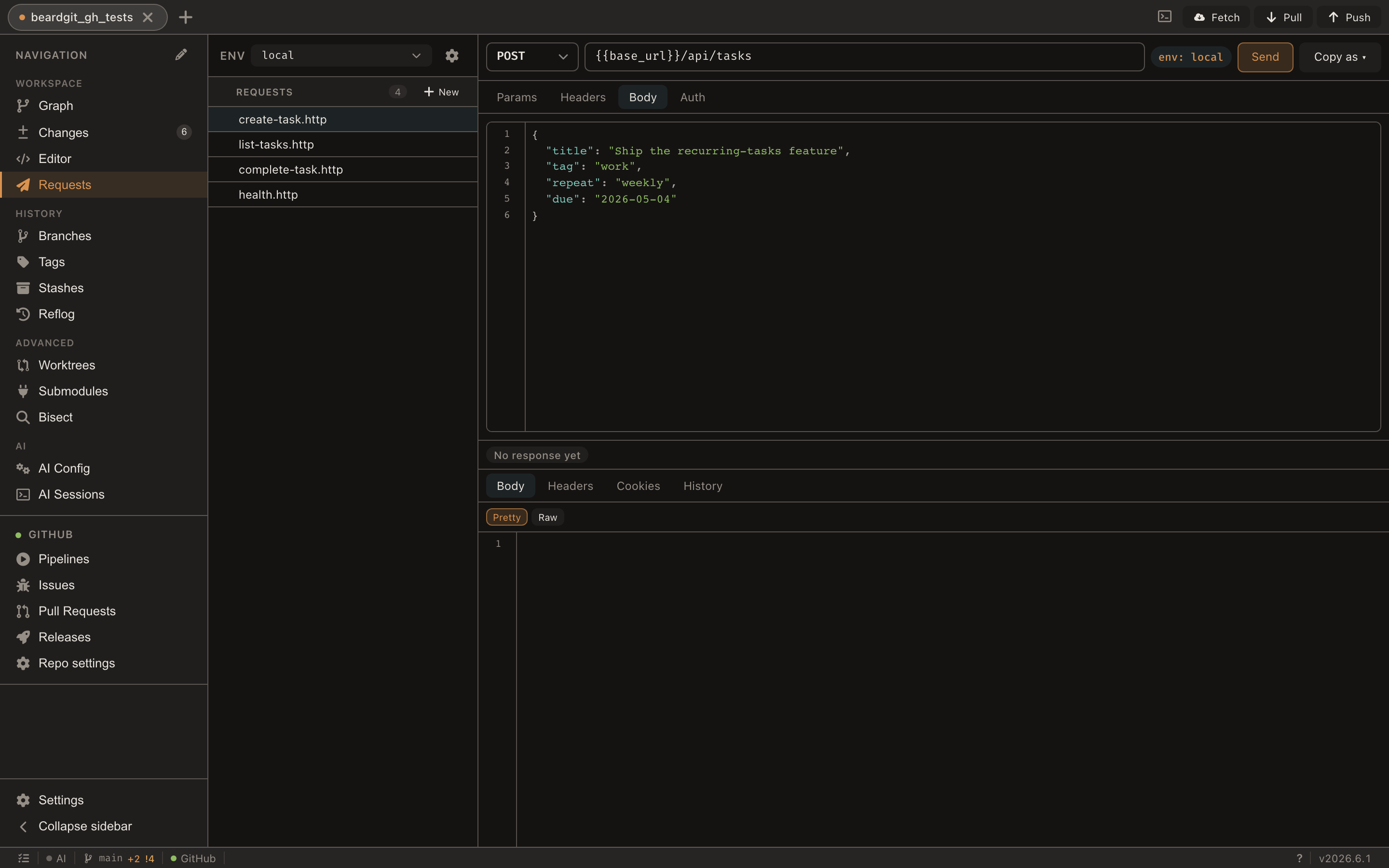 Requests panel — .http file editor with JSON body, env switcher, and a syntax-highlighted response