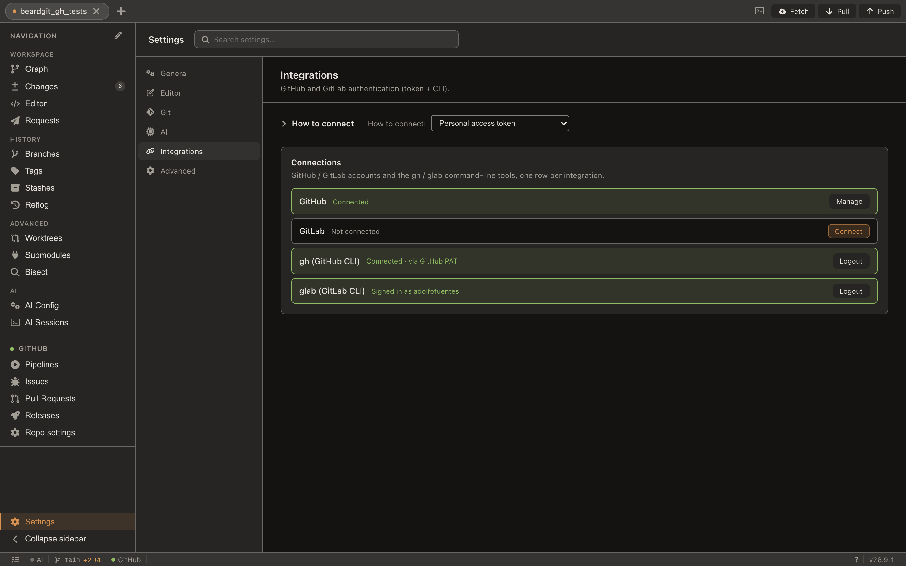 Settings showing the GitHub and GitLab connections and the bundled CLI status
