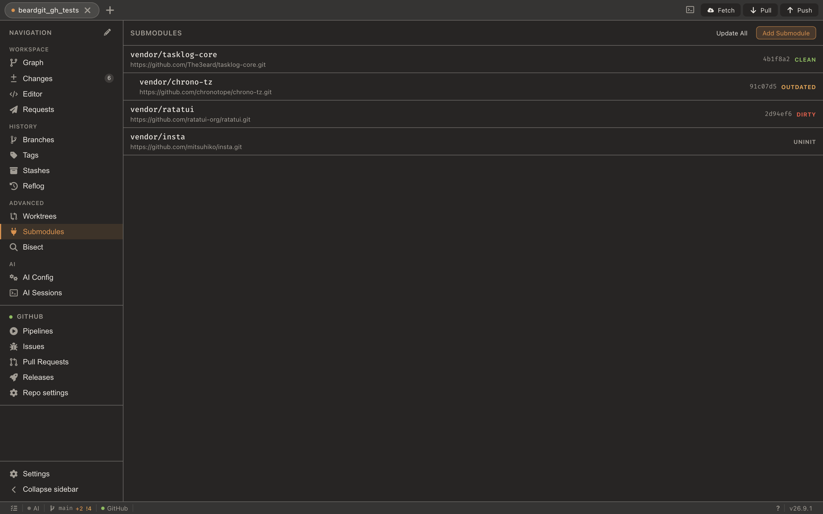 The submodule panel listing a nested submodule under its parent, with each one’s status