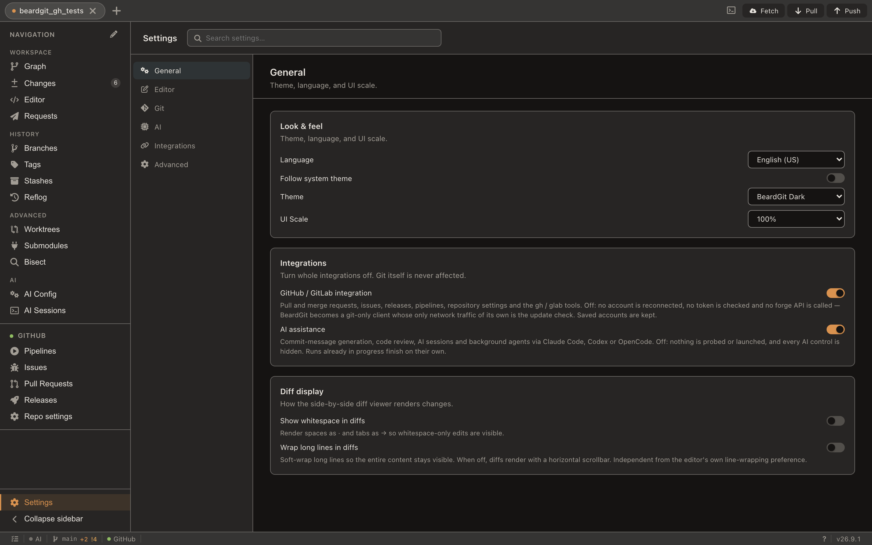 The theme picker in Settings with the built-in themes and the contrast report
