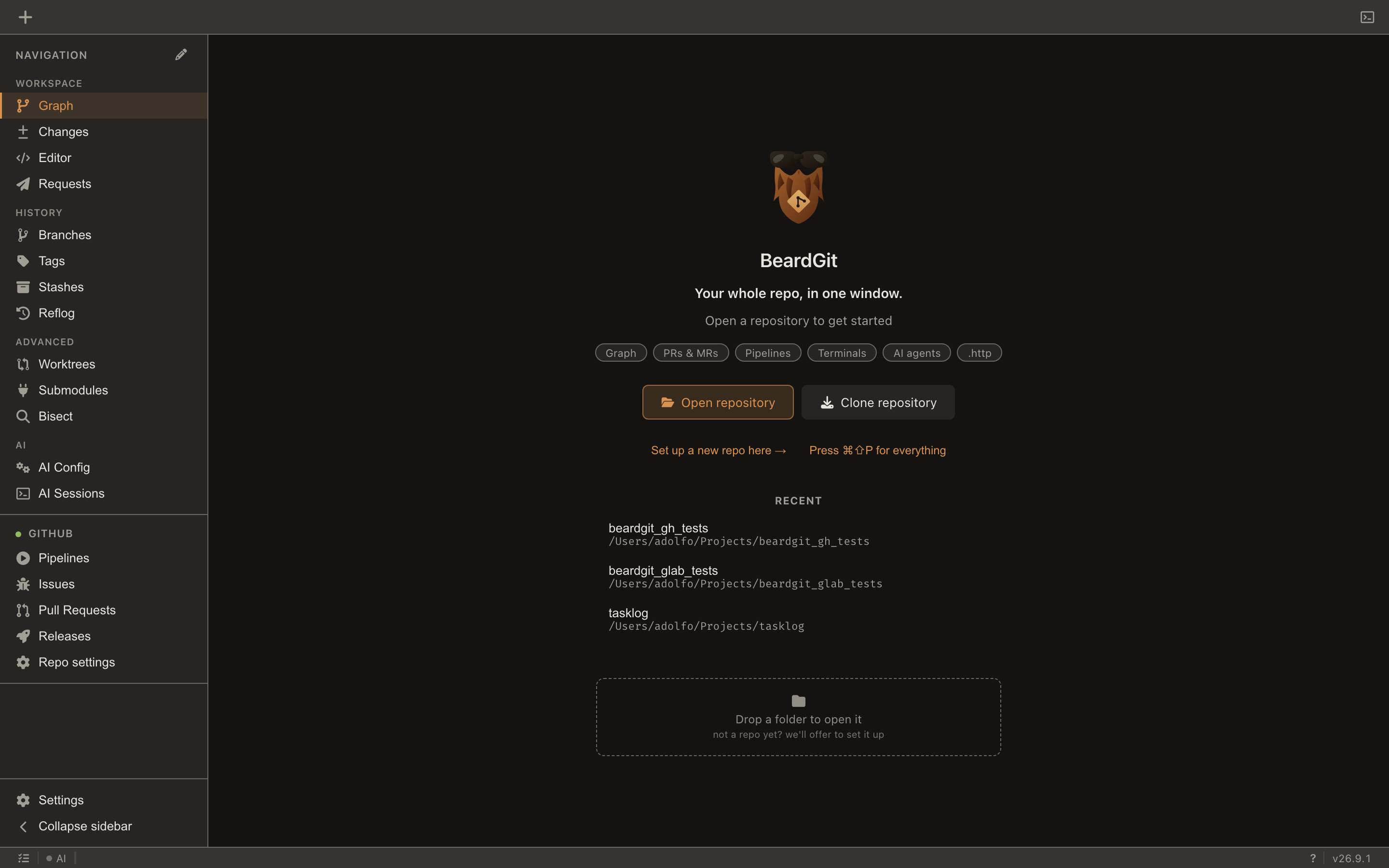 The welcome screen with buttons to open or clone a repository and a list of recent ones