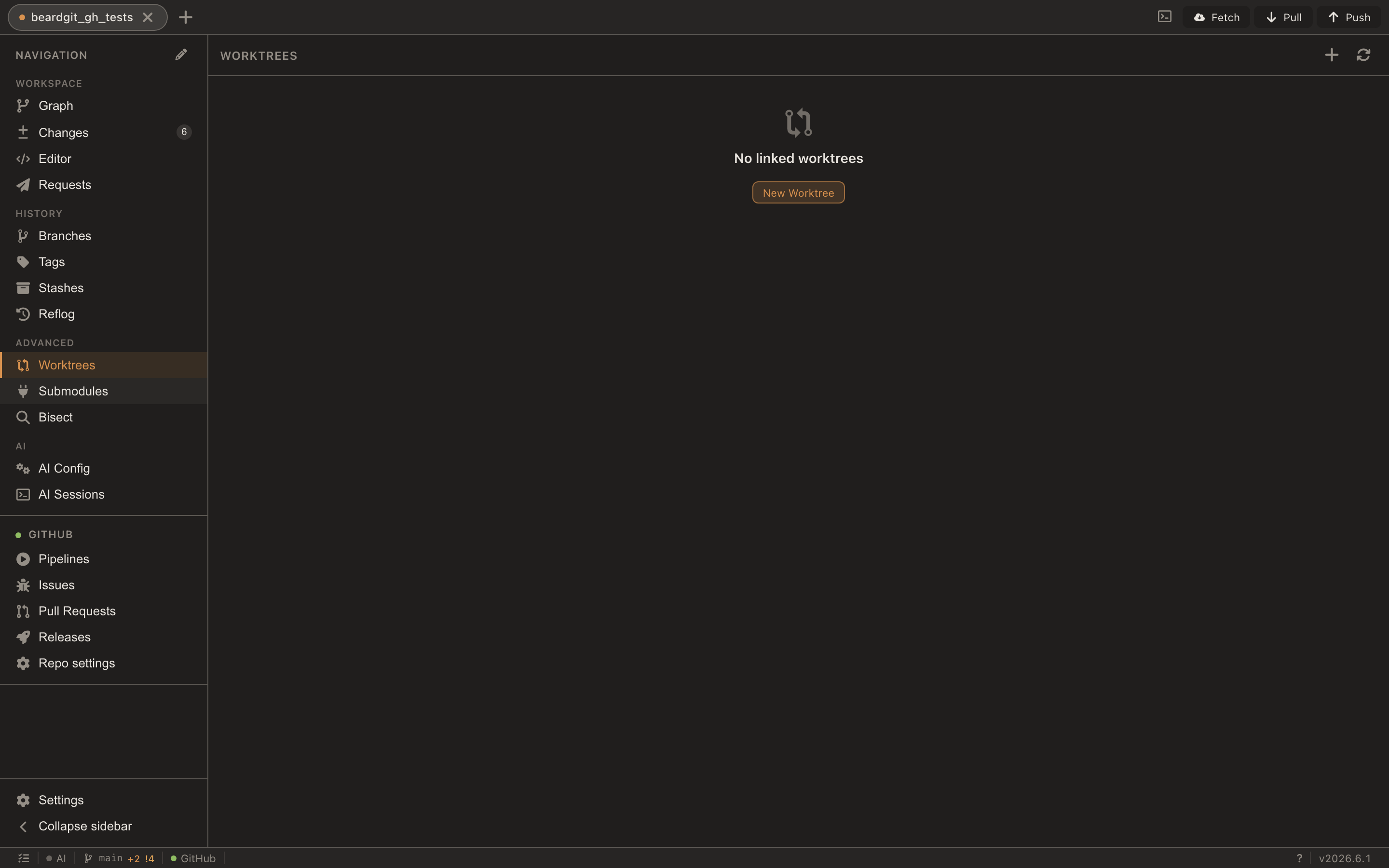Worktrees — the main checkout plus AI and feature worktrees on their own branches